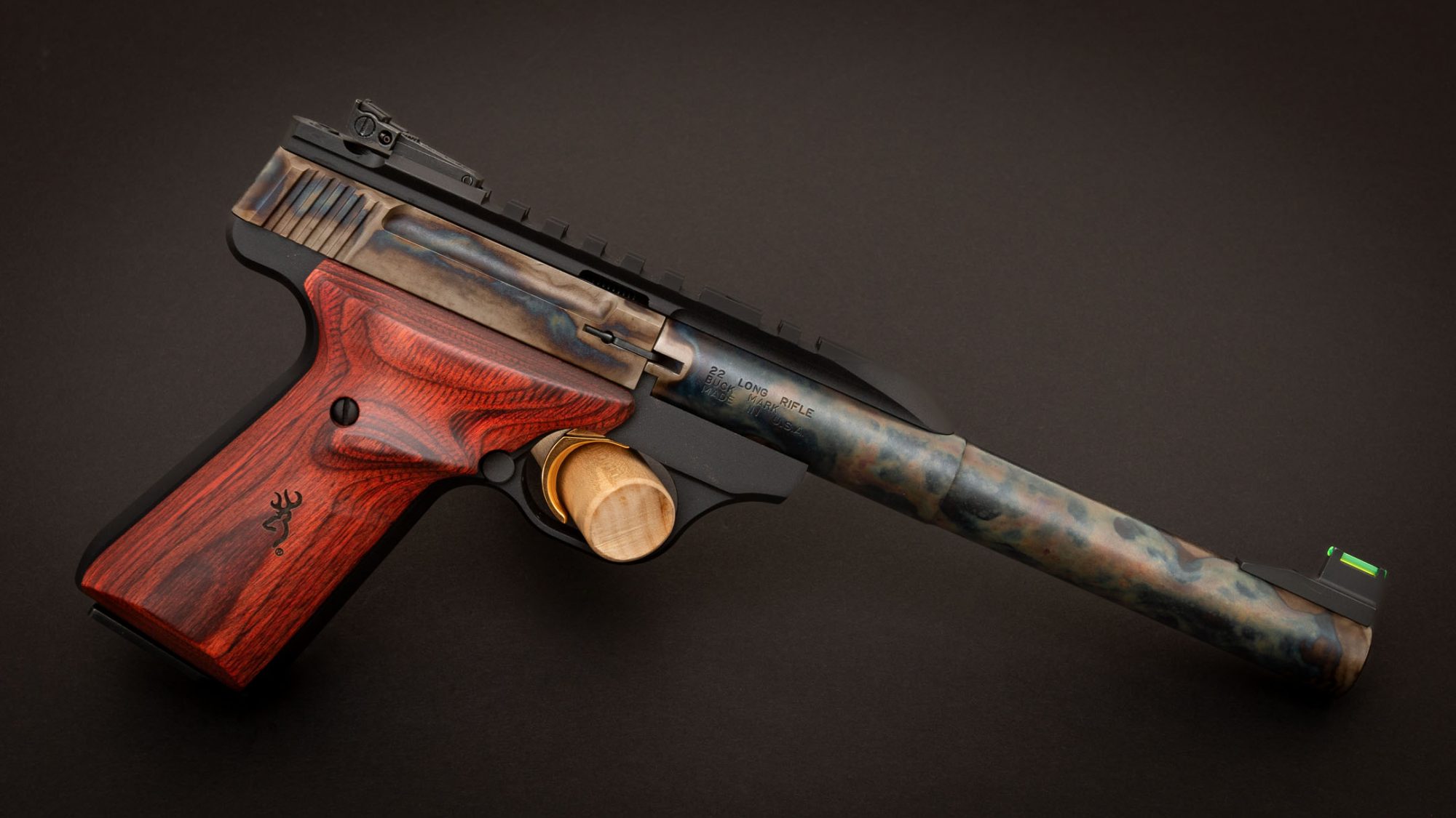 Browning Buck Mark Hunter in 22 LR, featuring bone charcoal color case hardening by Turnbull Restoration Co.
