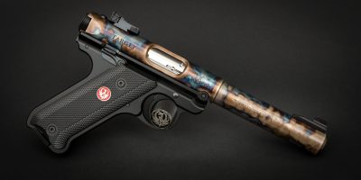 Ruger Mark IV Target in 22 LR, featuring bone charcoal color case hardening by Turnbull Restoration Co.