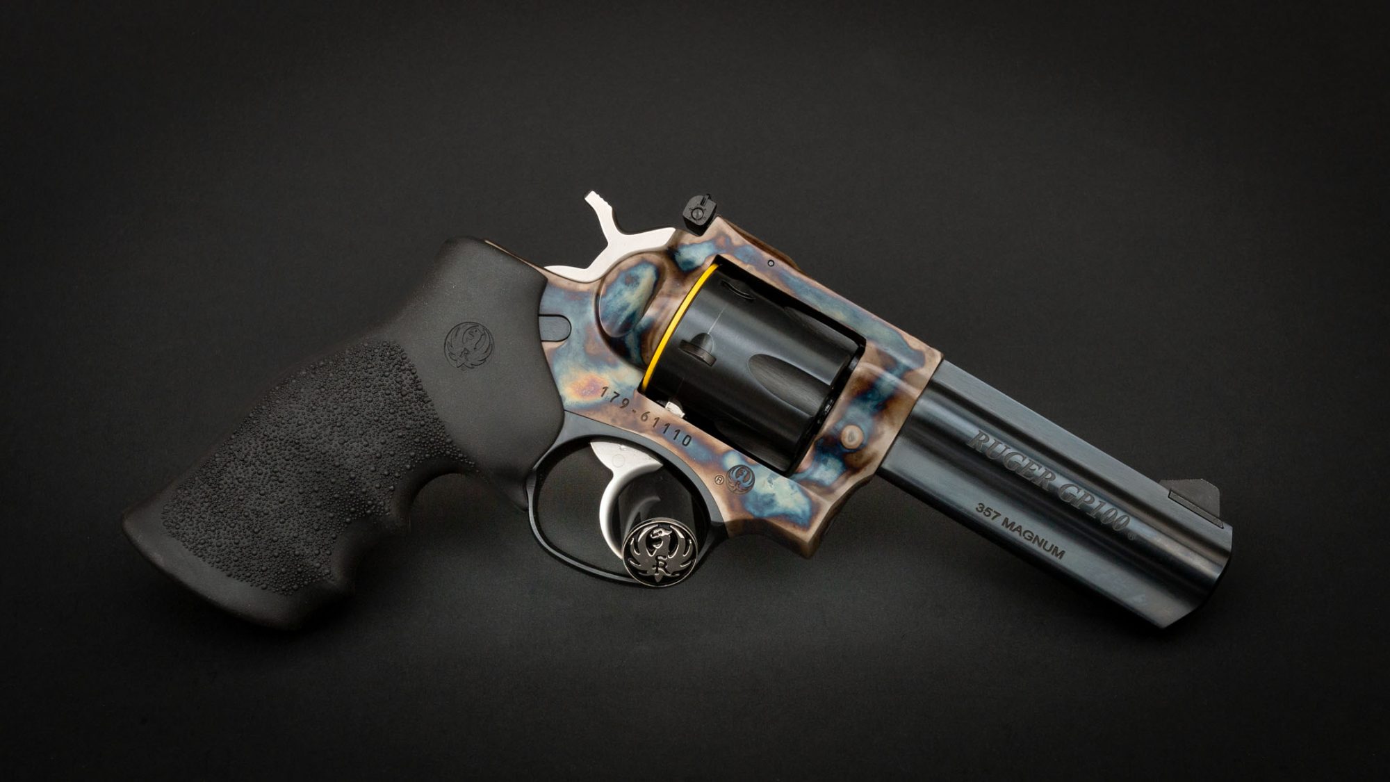 Ruger GP100 in 357 Magnum, featuring bone charcoal color case hardening by Turnbull Restoration Co.