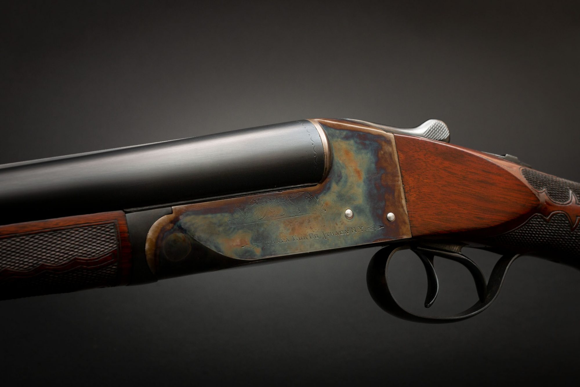 Ithaca Flues 20 gauge shotgun with case colors by Turnbull Restoration Co., all other work by third party, for sale by Turnbull Restoration Co.