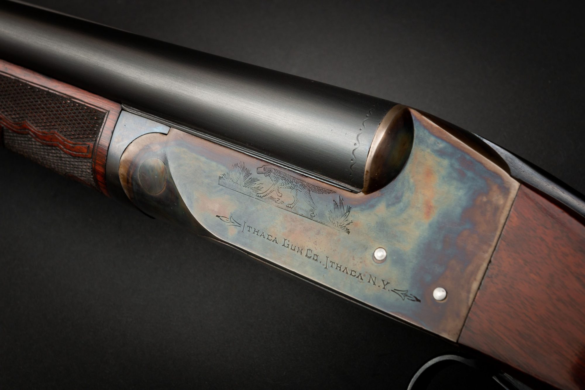 Ithaca Flues 20 gauge shotgun with case colors by Turnbull Restoration Co., all other work by third party, for sale by Turnbull Restoration Co.