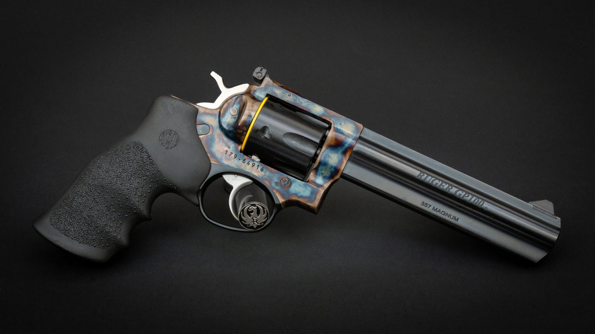 Ruger GP100 in .357 Magnum, featuring bone charcoal color case hardening by Turnbull Restoration Co.