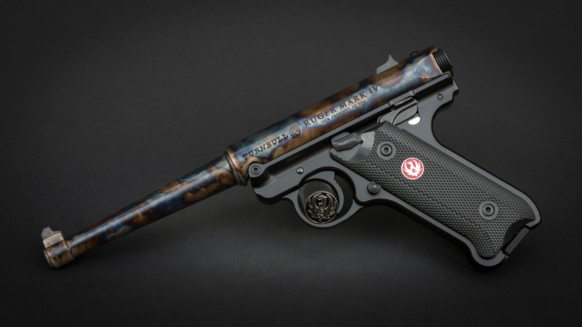 Ruger Mark IV Standard Model, featuring bone charcoal color case hardened barrel by Turnbull Restoration Co. of Bloomfield, NY