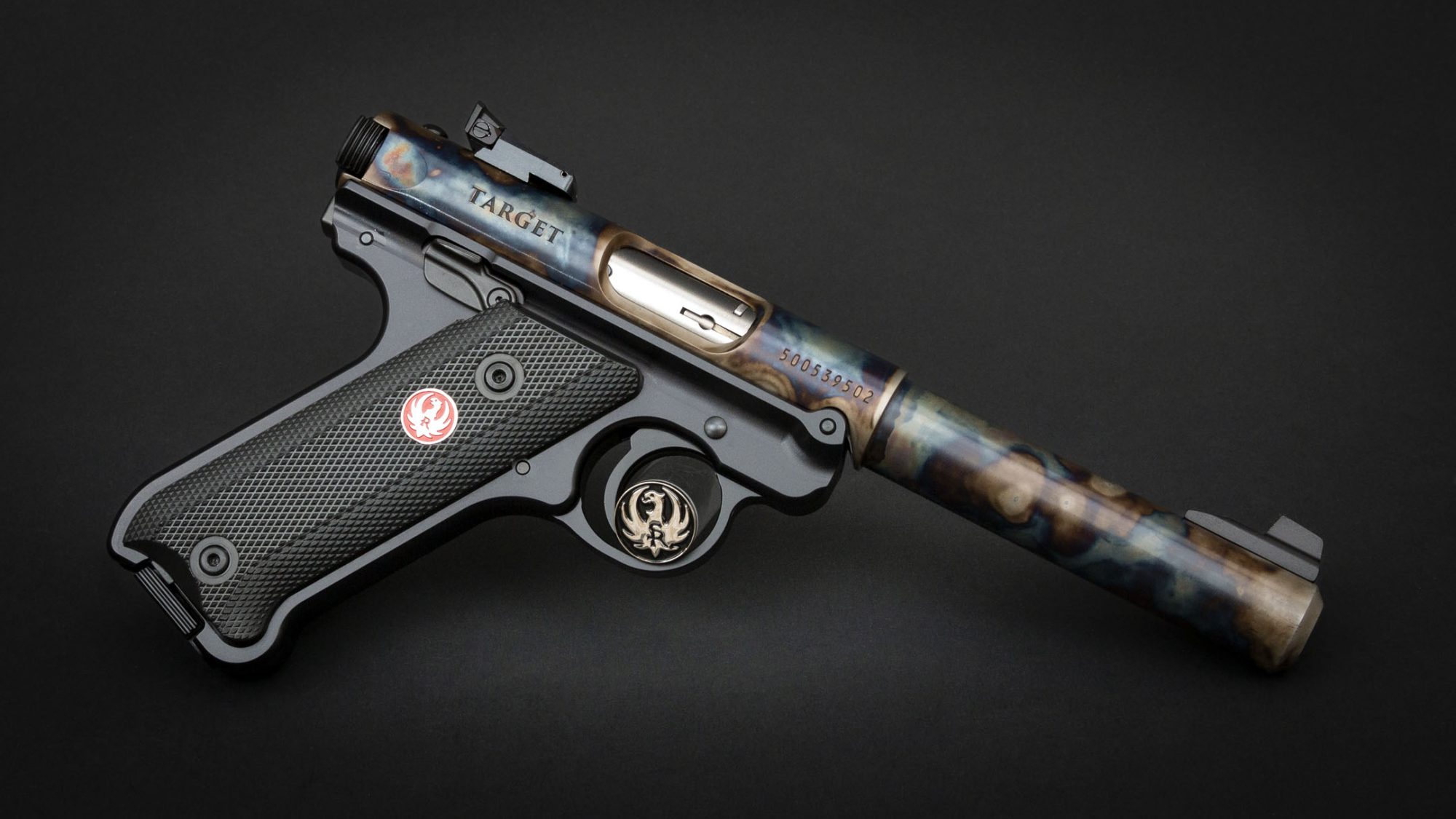 Ruger Mark IV Target Model, featuring bone charcoal color case hardened barrel by Turnbull Restoration Co. of Bloomfield, NY