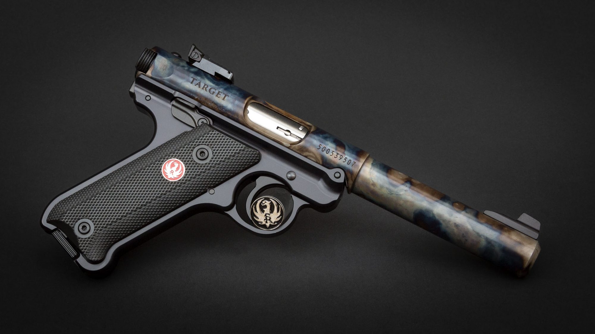 Ruger Mark IV Target Model, featuring bone charcoal color case hardened barrel by Turnbull Restoration Co. of Bloomfield, NY