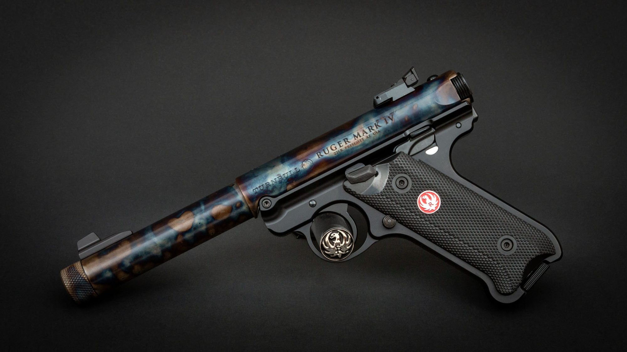 Ruger Mark IV Target Model with Threaded Barrel, featuring bone charcoal color case hardened barrel by Turnbull Restoration Co. of Bloomfield, NY