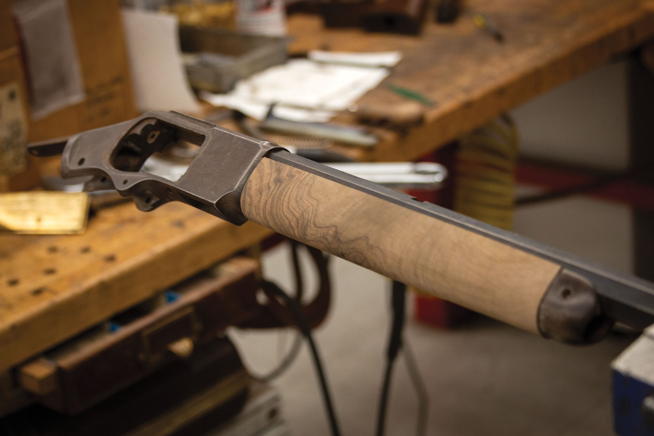 Winchester Model 1873 from 1904, during restorative stock shaping work by Turnbull Restoration Co.