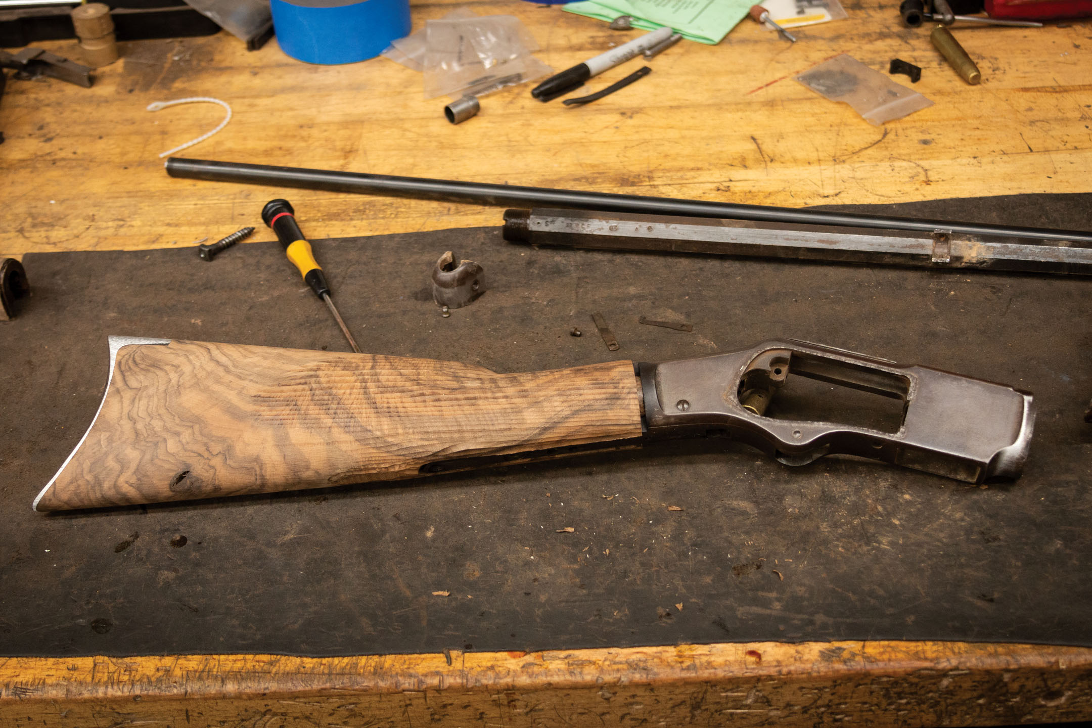 Winchester Model 1873 from 1904, during restorative inletting work by Turnbull Restoration Co.