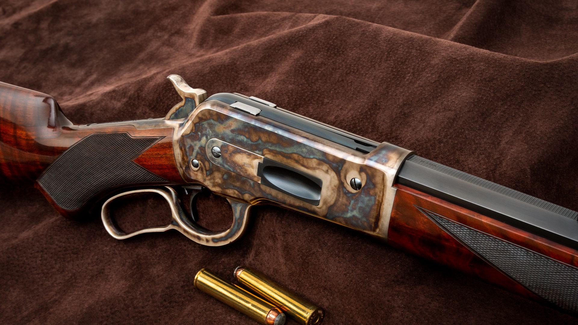 Turnbull Restored Winchester Model 1886 Deluxe, featuring signature bone charcoal color case hardening by Turnbull Restoration Co.