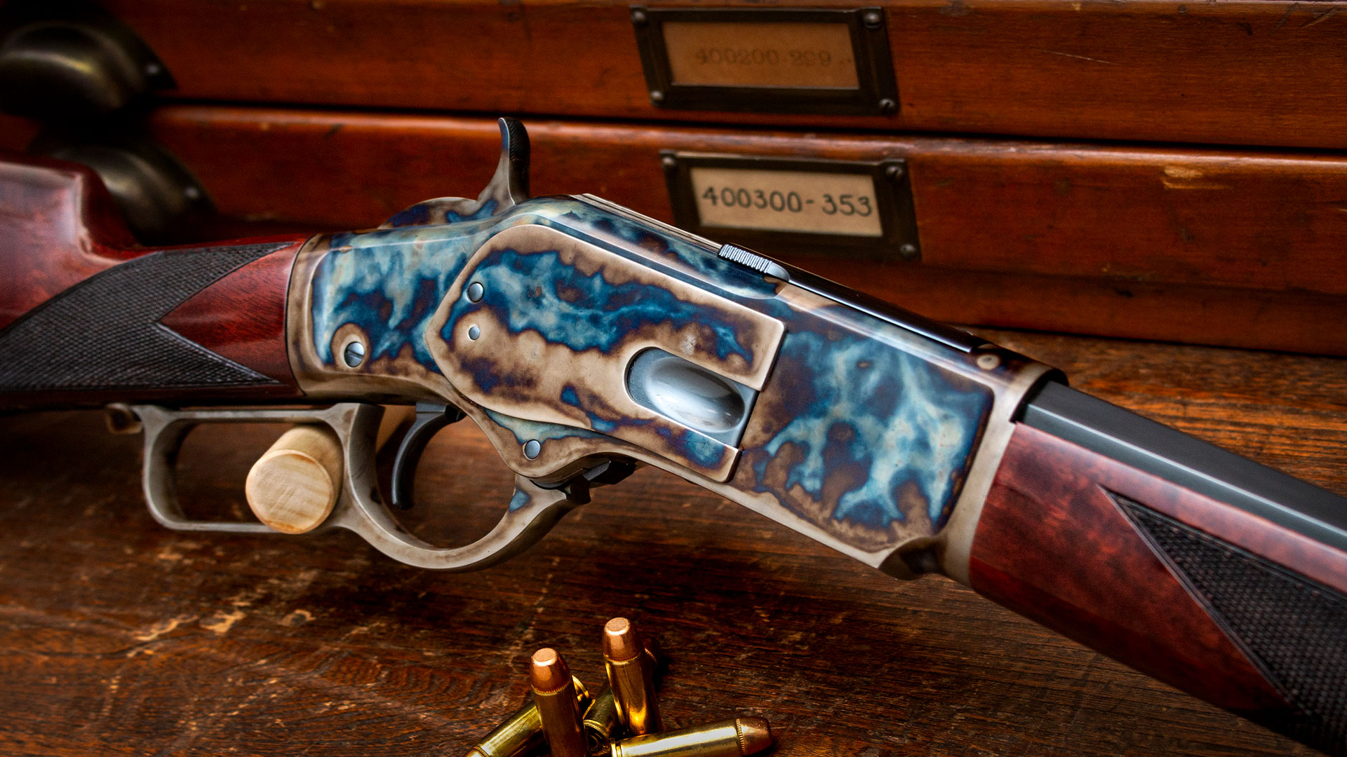 Turnbull Finished Winchester Model 1873, featuring signature bone charcoal color case hardening by Turnbull Restoration Co.