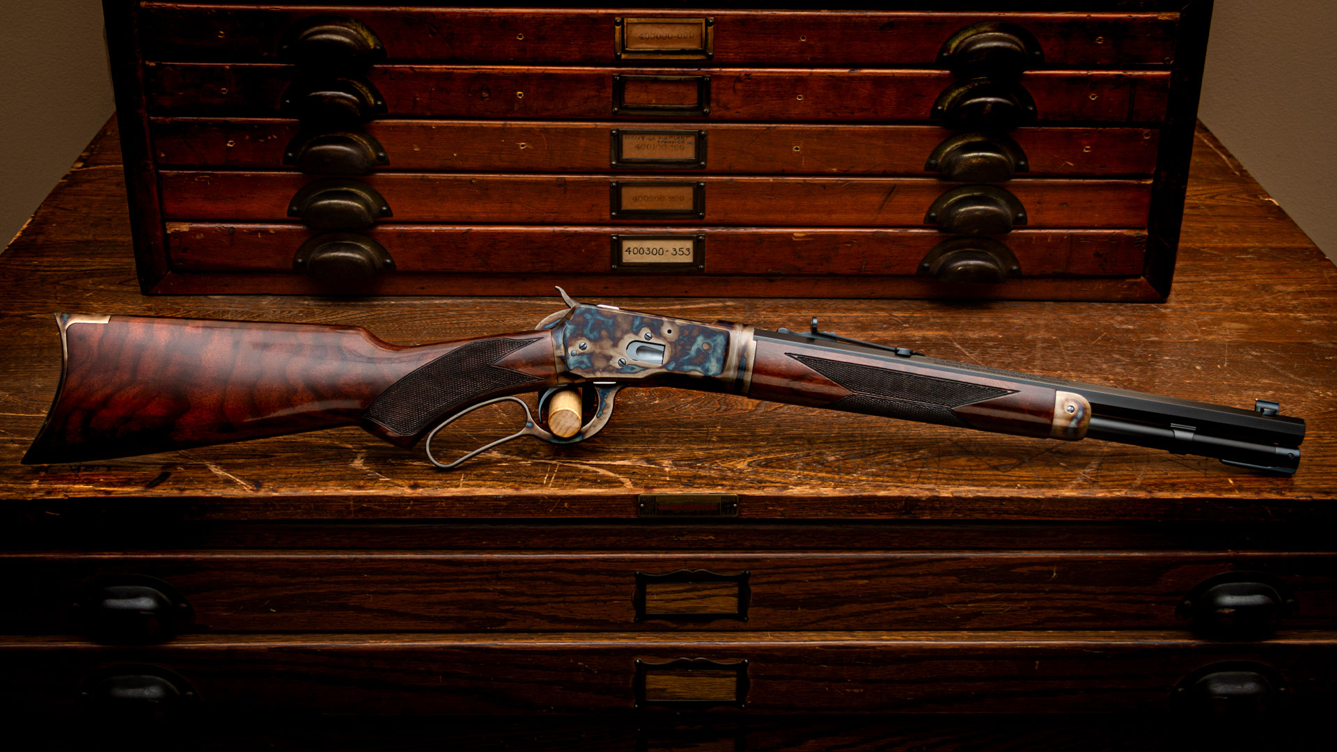 Turnbull Finished Winchester Model 1892, featuring signature bone charcoal color case hardening by Turnbull Restoration Co.