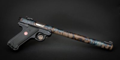 Ruger Mark IV Target model with 10-Inch barrel, featuring bone charcoal color case hardened barrel by Turnbull Restoration Co. of Bloomfield, NY