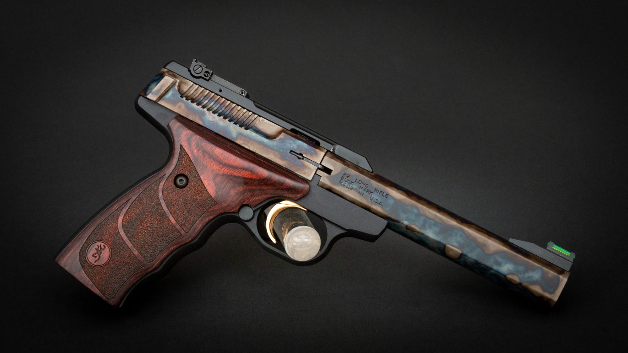 Browning Buck Mark UDX in 22 LR, featuring bone charcoal color case hardening by Turnbull Restoration Co.