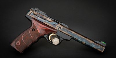 Browning Buck Mark UDX in 22 LR, featuring bone charcoal color case hardening by Turnbull Restoration Co.