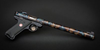 Ruger Mark IV Target model with 10-Inch barrel, featuring bone charcoal color case hardened barrel by Turnbull Restoration Co. of Bloomfield, NY