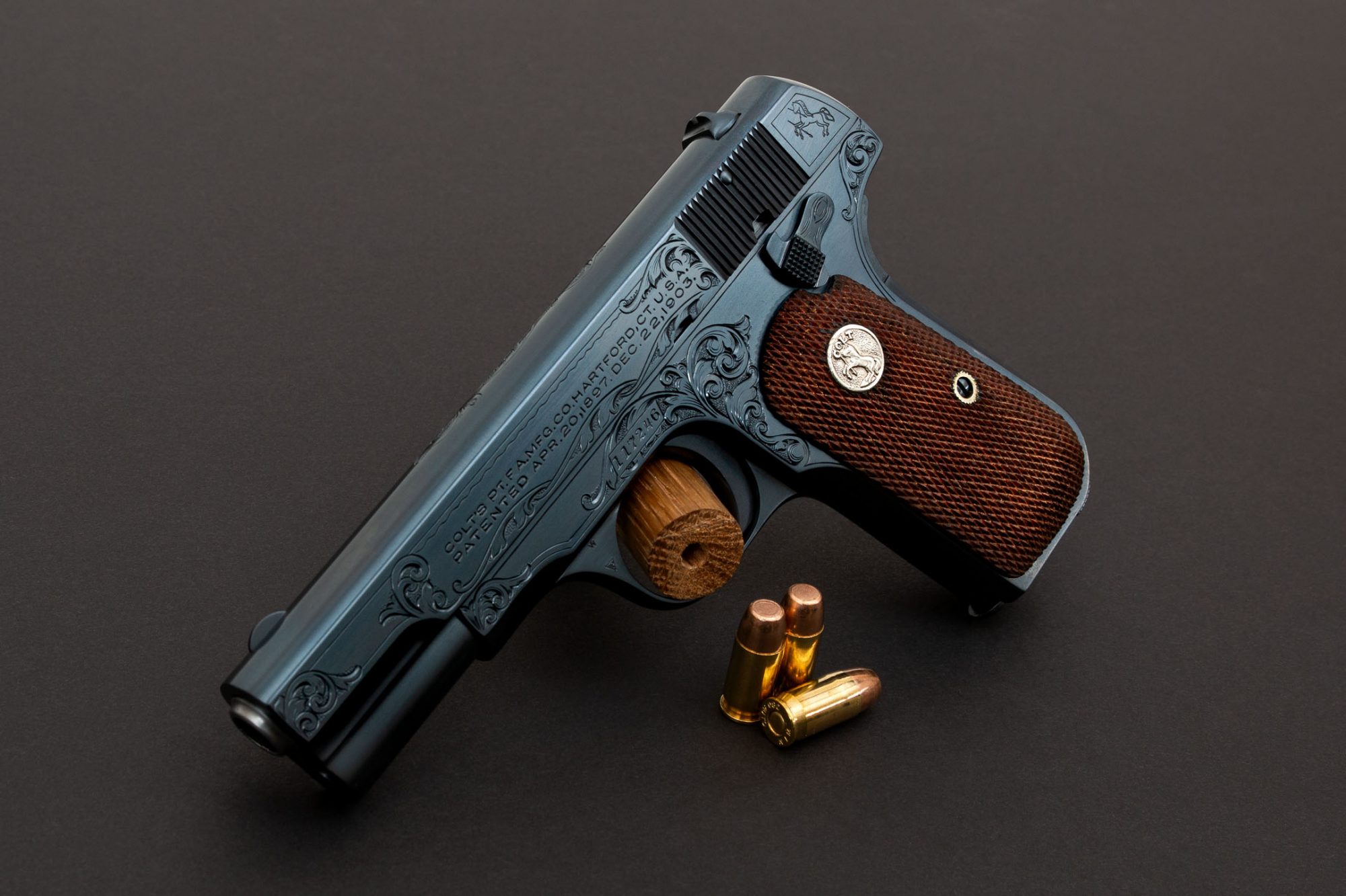 Colt 1908 Pocket Hammerless pistol from 1935, restored and engraved by Turnbull Restoration Co. of Bloomfield, NY