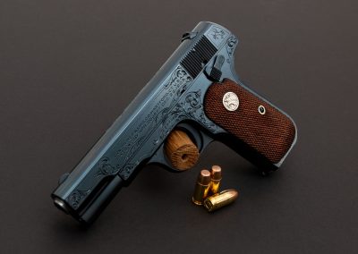 Colt 1908 Pocket Hammerless pistol from 1935, restored and engraved by Turnbull Restoration Co. of Bloomfield, NY