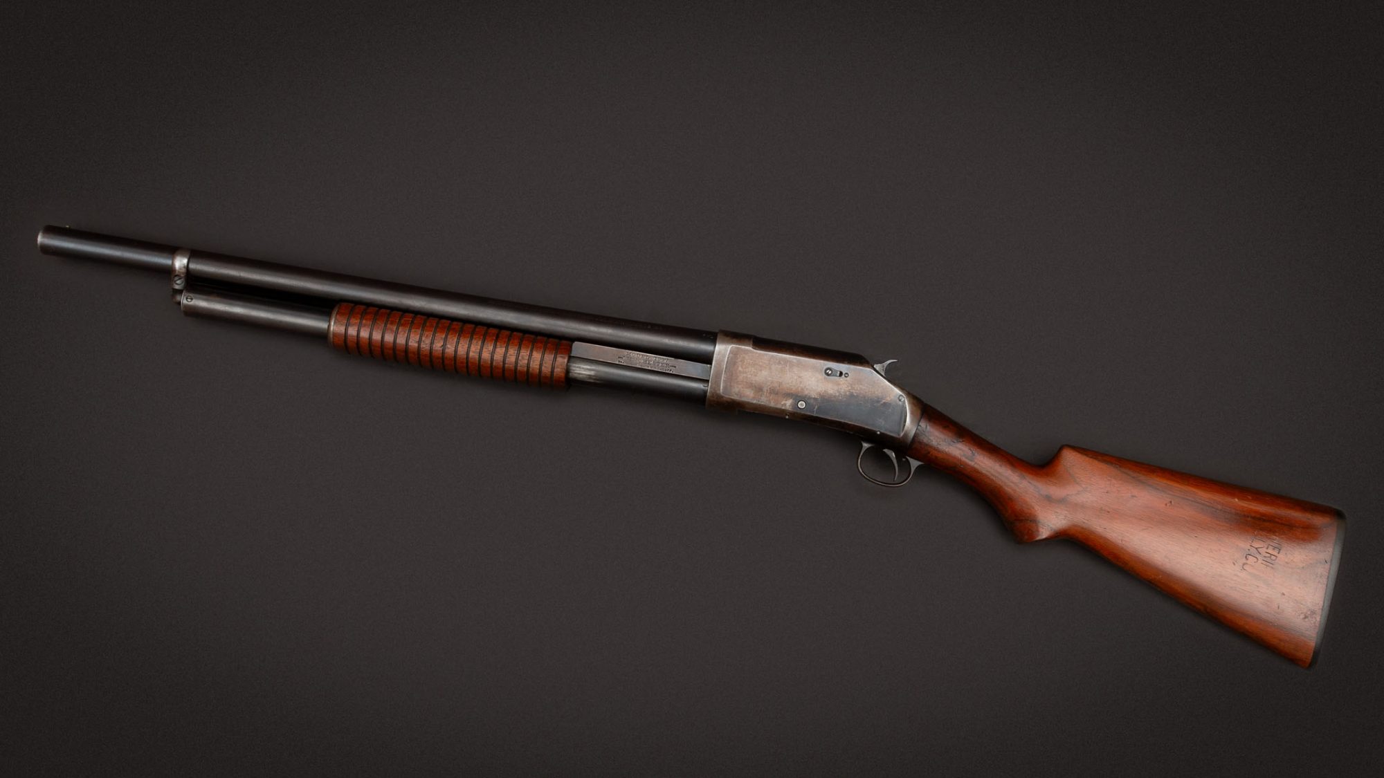 Winchester Model 1897 12 gauge pump action shotgun, for sale by Turnbull Restoration Co. of Bloomfield, NY