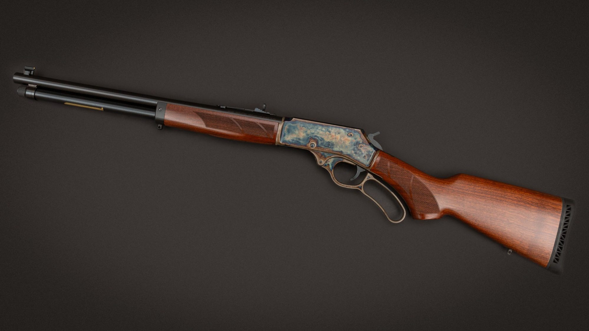 Henry Model H010 rifle in 470 Turnbull, featuring bone charcoal color case hardening by Turnbull Restoration