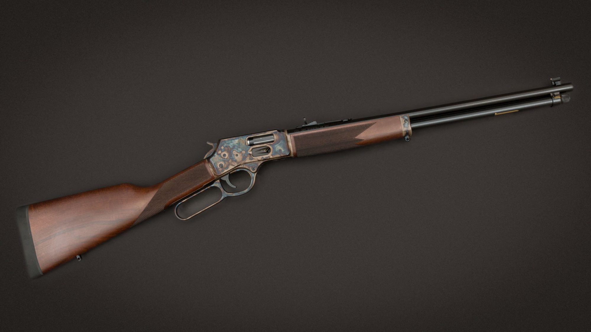 Henry Model H012GM rifle, featuring bone charcoal color case hardening by Turnbull Restoration