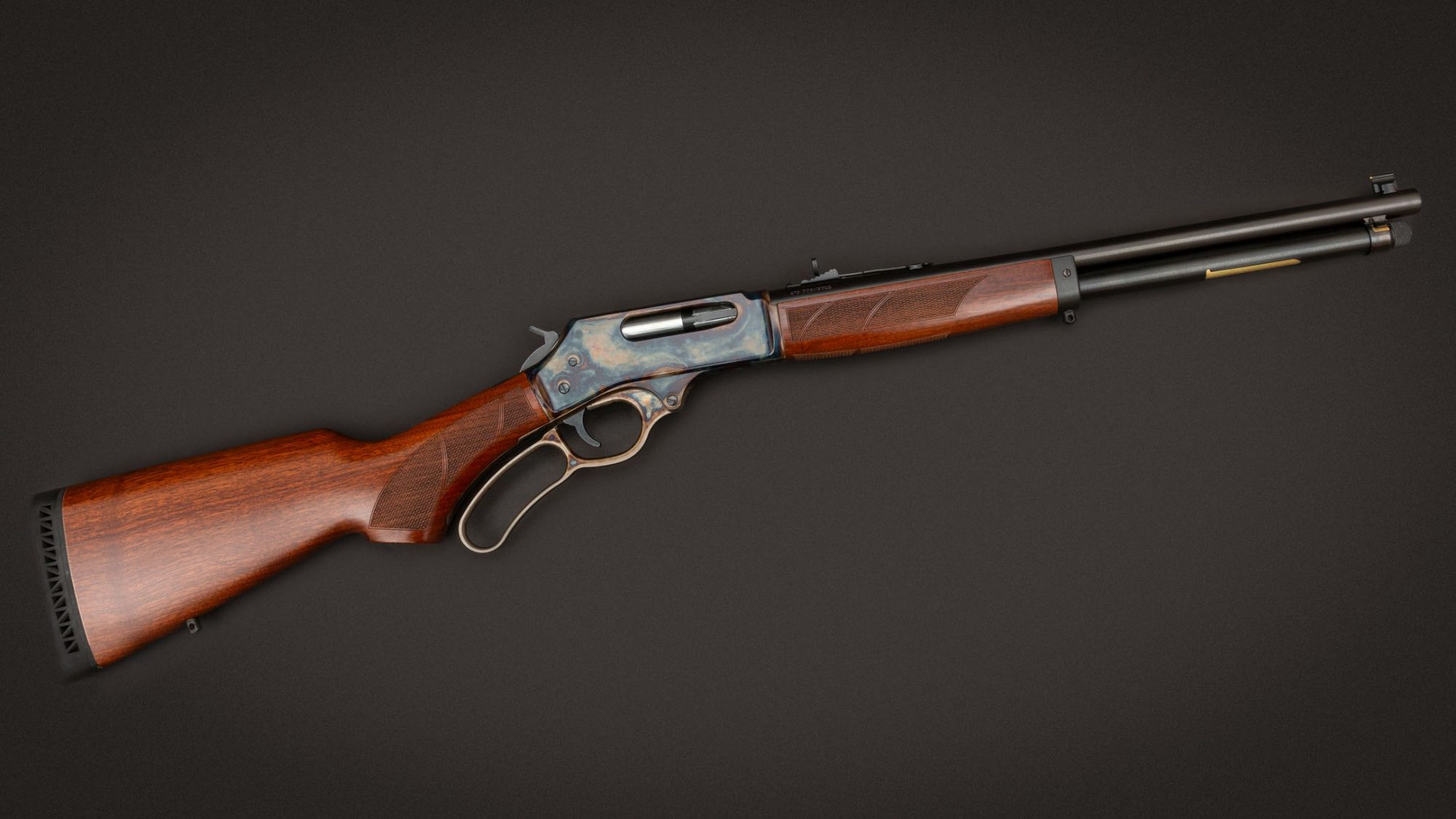 Henry Model H010 rifle in 470 Turnbull, featuring bone charcoal color case hardening by Turnbull Restoration
