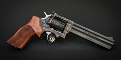 Ruger GP100 Model 1704 in 357 Magnum, customized with Turnbull bone charcoal case hardened frame and Hogue hardwood grips