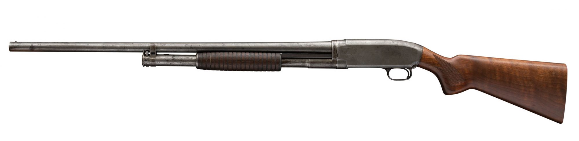 Winchester Model 12 pump-action 12 gauge shotgun from 1927, before being restored in 2023 by Turnbull Restoration of Bloomfield, NY