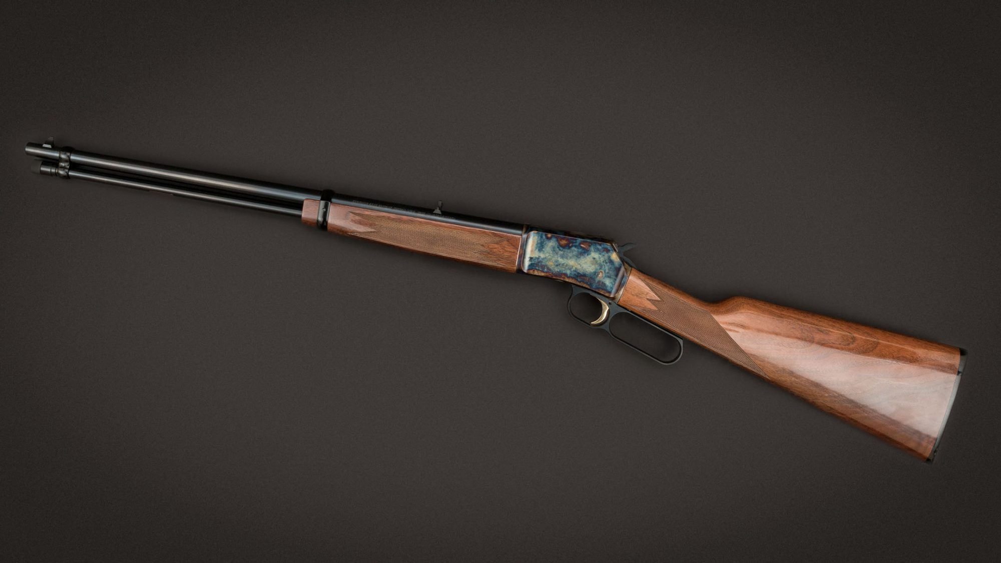 Browning BL-22 Grade II rifle, featuring bone charcoal color case hardening by Turnbull Restoration of Bloomfield, NY