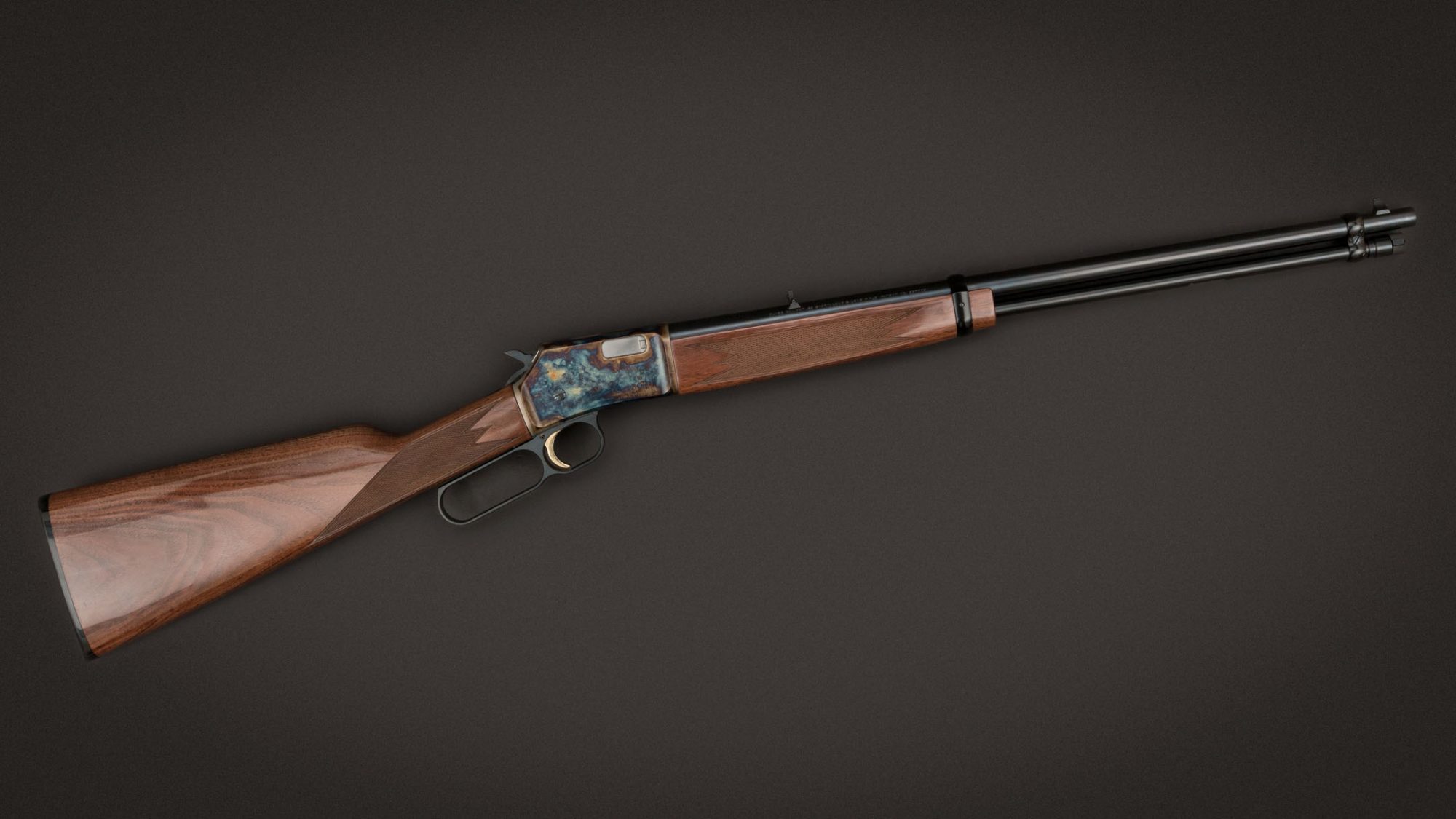 Browning BL-22 Grade II rifle, featuring bone charcoal color case hardening by Turnbull Restoration of Bloomfield, NY